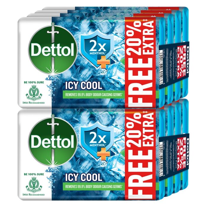 Dettol Icy Cool Bathing Soap Bar With 2x Menthol (1200gm), 125gm + 20% Extra Free, Pack of 8