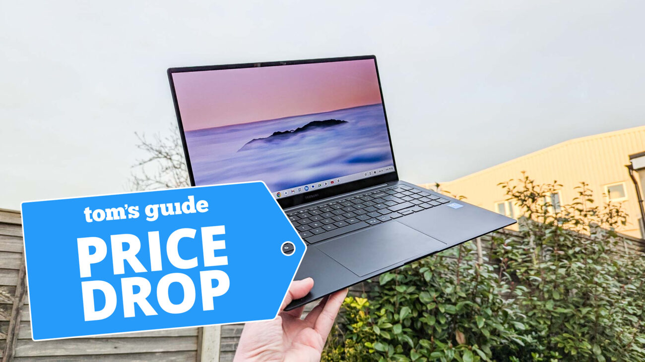 Samsung Galaxy Chromebook Plus held in air