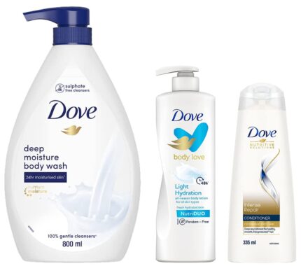 Dove Deeply Nourishing Body Wash, With Exfoliating Beads For Softer, Smoother Skin, 800 ml & Dove Body Love Light Hydration Body Lotion Paraben Free, 400ml & Dove Intense Repair Conditioner 335 ml,