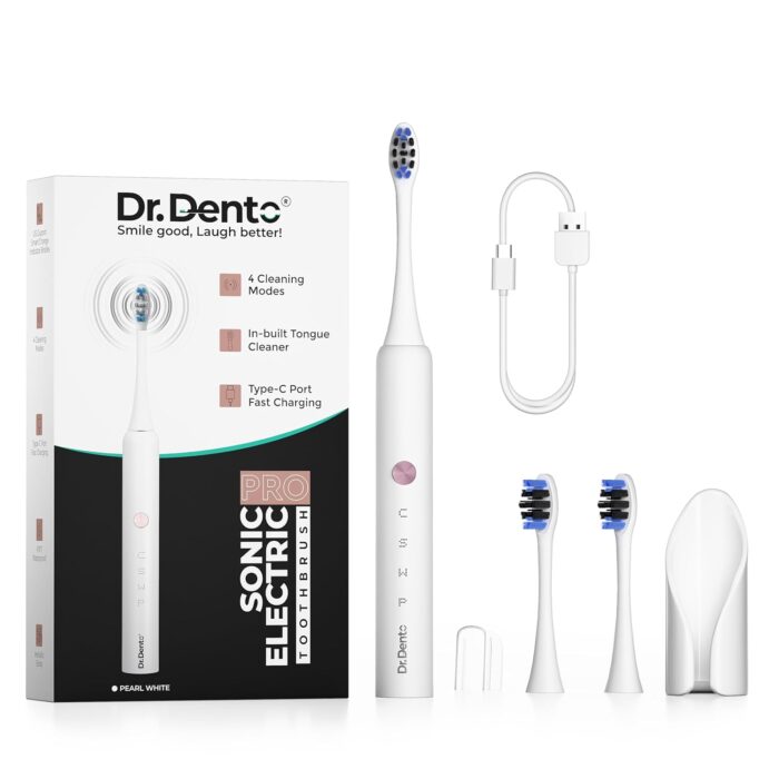 Dr.Dento Pro Series Electric Toothbrush – Pearl White | 4 Cleaning Modes | 30-Day Battery | Type-C Charging | 1-Year Warranty | Teeth Stain Remover | 31,000 VPM | Built-in Tongue Cleaner