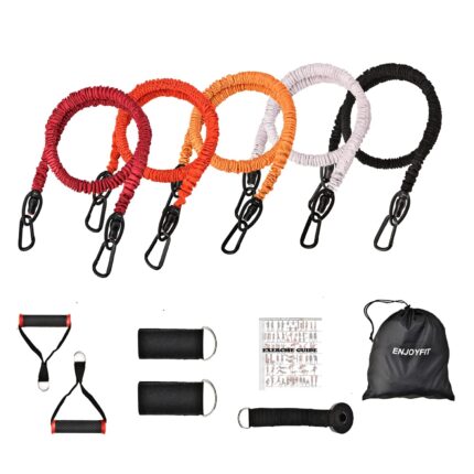 ENJOYFIT 11 PCS Resistance Bands Set, Exercise Tubes 63 inchs, Workout Bands with Handles,Door Anchor,Ankle Strap, Elastic Exercise Bands for Men Women with Protective Nylon Sleeves - up to 200lbs