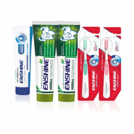 Enshine Oral Care Combo Pack of 5- Herbal Toothpaste((2)100g Each)||Sensitive Toothpaste50g || 2 pc Advance Plus Toothbrush For Helps to Make Teeth Whitening and Relief from Sensitivity || Complete Oral Care Solution Helps to Fight Cavity