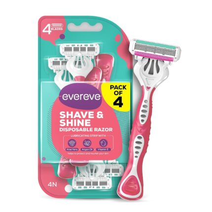Evereve Shave & Shine 4 blade Disposable Razor for women, Pack of 4, Quick & Easy hair removal Aloe Vera, Argan Oil & Vitamin E, Pivoting head, Non-slip rubber handle,