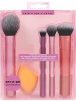 Everyday Essentials 5-Piece Makeup Brush Set with Miracle Complexion Sponge – For Foundation, Blush, Highlighter & Concealer – Synthetic Bristles, Travel-Friendly