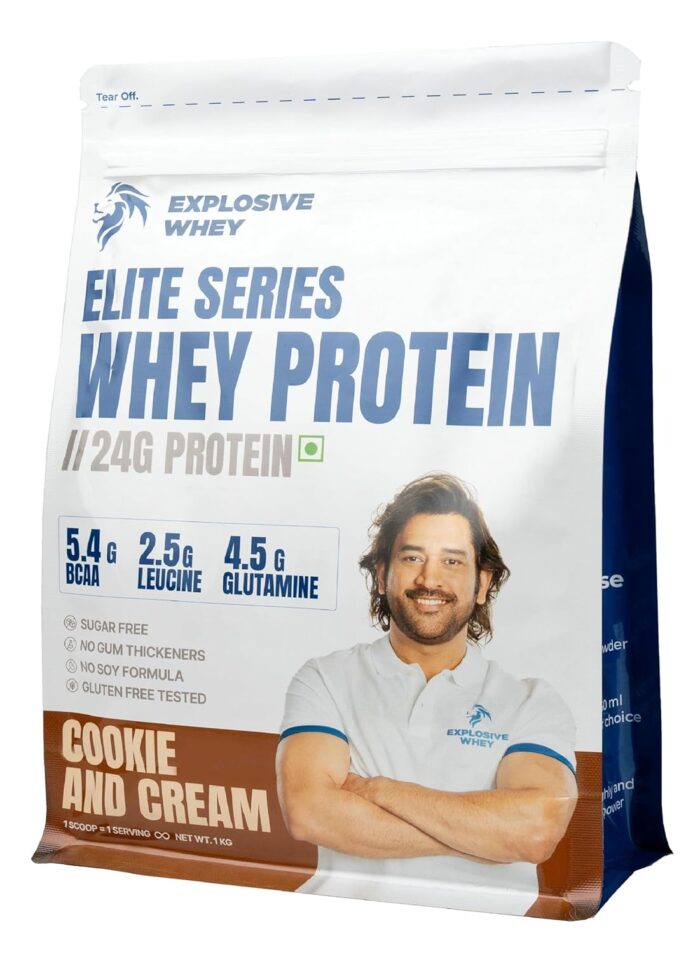 Explosive Whey Elite Series Whey Protein - Trusted by M.S. Dhoni and Kedar Jadhav | Premium, Concentrate Sport Supplements for Enhanced Muscle Growth and Recovery (30 Servings - 1Kg, COOKIE & CREAM 24g Protein)