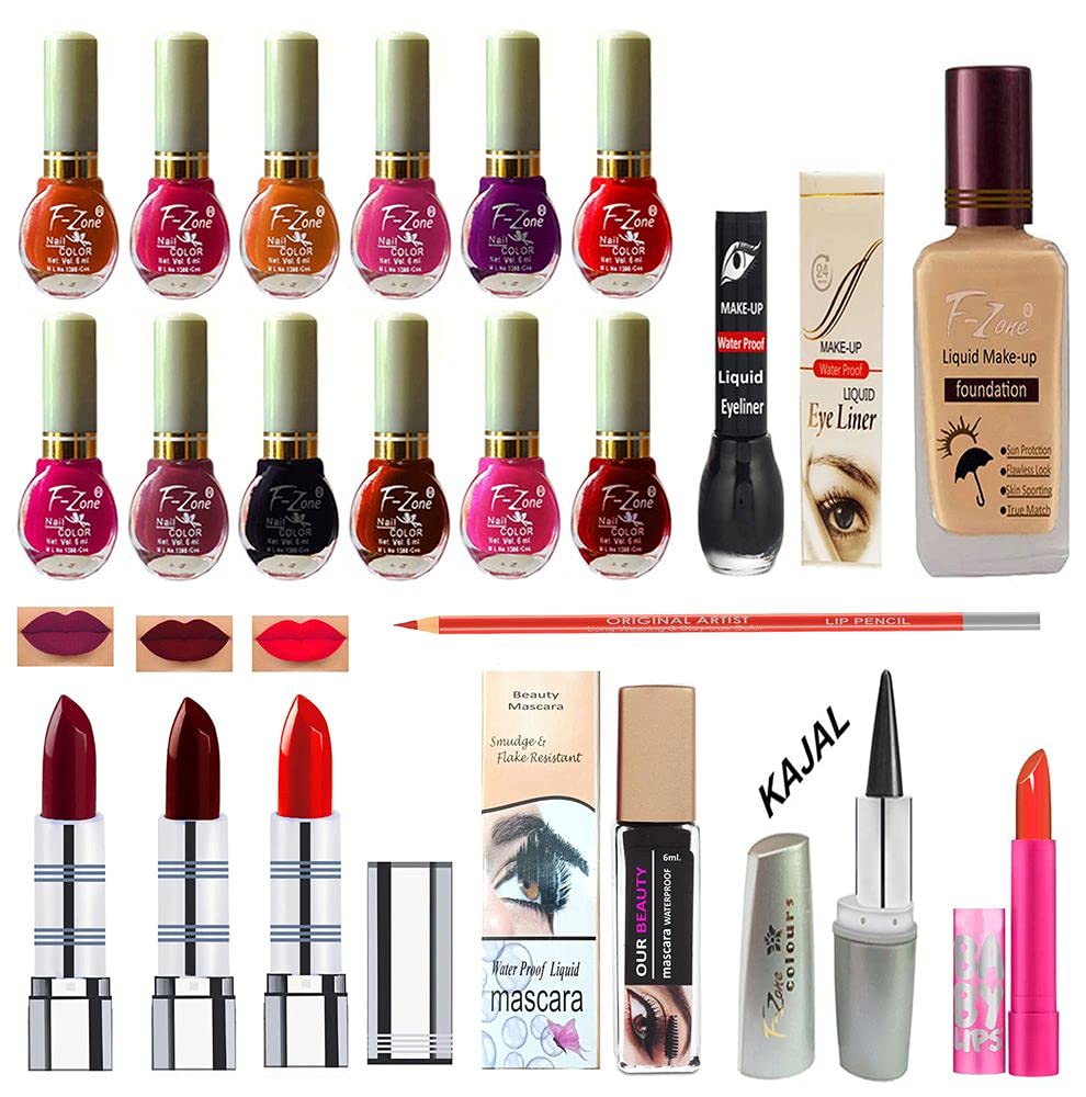 F Zone Makeup kit With 12 Nail Polish Eye Liner Foundation 3 Lipstick Mascara Lip Balm And Kajal vc28