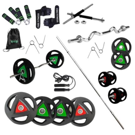 FIRE FITNESS home gym combo weight lifting] 70kg set rubber coated metal integreated weight for workout with steel gym rods 3-ft curl and 5-ft state rod with 30M-M solid Steel hole