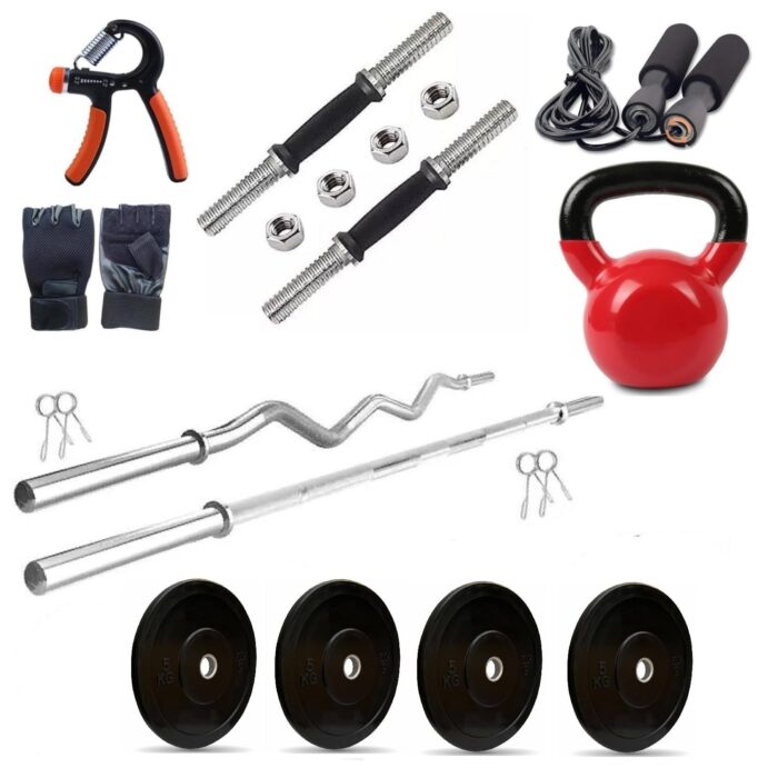 FITRXX 12-104Kg Home Gym combo Set |5ft Straight 3ft Curl Rod, 2kg Vinyl Coated Kettlebell, 1 Pair Dumbbell Rod, Bumper Weight Plates (28mm Hole) Equipment for Men & Women (22 Kg Home Gym Combo Set)