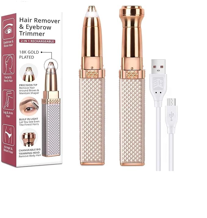 FUNTU TOYS Eyebrow Trimmer for Women, 2 in 1 Rechargeable Facial Hair Remover with Replaceable Heads, Professional Painless Personal Hair Removal Eyebrow Razor with Indicator Lights, (Rose Gold)
