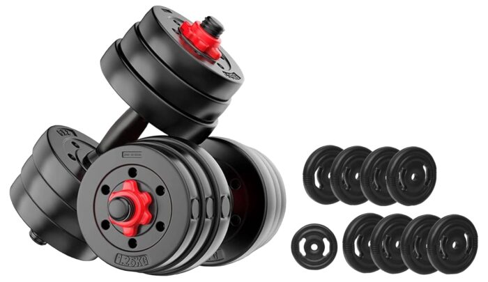 FitBox Sports Intruder 20 Kg Adjustable PVC Dumbbells Weights With Dumbbells Rods, 10 Kg X 2 (Black) & FitBox Sports Finger Gripped Weight Plates Combo for Home Workout 20kg (2.5kg x 8), Black