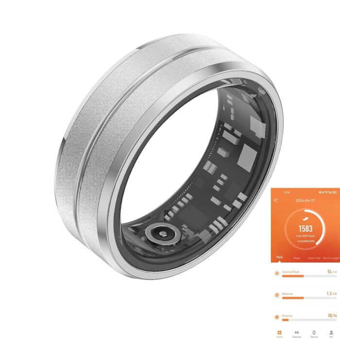 Fitness Tracker Smart Ring, Step Counter for Walking, Heart Rate Blood Oxygen Calorie Sleep Tracker Health Ring, IP68 Waterproof Design, Stainless Steel, 5-7 Days Battery Life, Silver