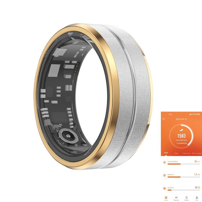Fitness Tracker Smart Ring,Step Counter,Heart Rate Blood Oxygen Sleep Tracker Health Ring, 5ATM Waterproof Long Battery Life Smart Rings Compatible with iOS & Android (Silver with Side Gold, US 7)