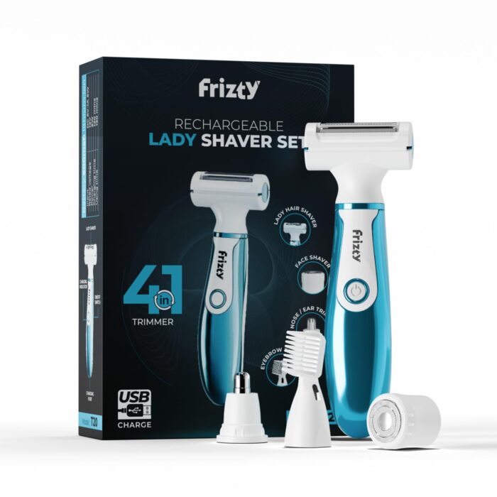Frizty Adjustable 4 in 1 Face & Body Hair Trimmer for Women | 4 Heads- Bikini & Body Shaver, Face & Eyebrow, Nose and Ear Trimmer | Rechargeable | Full Body Hair Removal Machine for Women