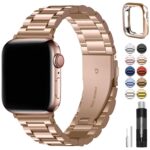 Fullmosa Compatible Apple Watch Band 42mm 44mm 45mm, Stainless Steel iWatch Band with Case for Apple Watch Series 9/8/7/6/5/4/3/2/1/SE/SE2,42mm 44mm 45mm,Rose Gold (Watch not Included)