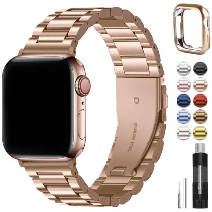 Fullmosa Compatible Apple Watch Band 42mm 44mm 45mm, Stainless Steel iWatch Band with Case for Apple Watch Series 9/8/7/6/5/4/3/2/1/SE/SE2,42mm 44mm 45mm,Rose Gold (Watch not Included)