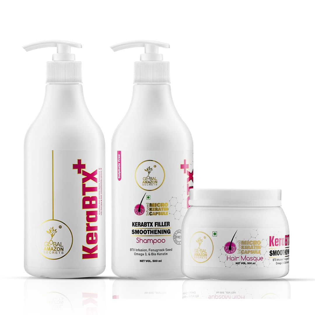 GLOBAL AMAZON SECRETS KeraBTX Shampoo, Mask & Treatment Combo 500ml Each | Keratin Treatment For Hair Straightening | Stays upto 7-9 months | Men and Women | One Day Treatment (Pack of 3)