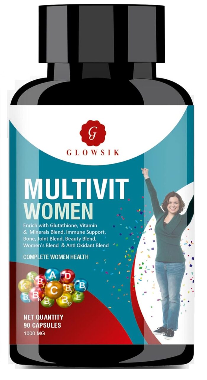 GLOWSIK Multivitamin for Women with Biotin, Vitamin D, Calcium, Folic Acid, Zinc, Iron, Vitamin B12, Grape Seed, Shatavari Extracts & Minerals for Energy, Hair, Skin, Nails, Bone - 90 Veg Capsules (Women)