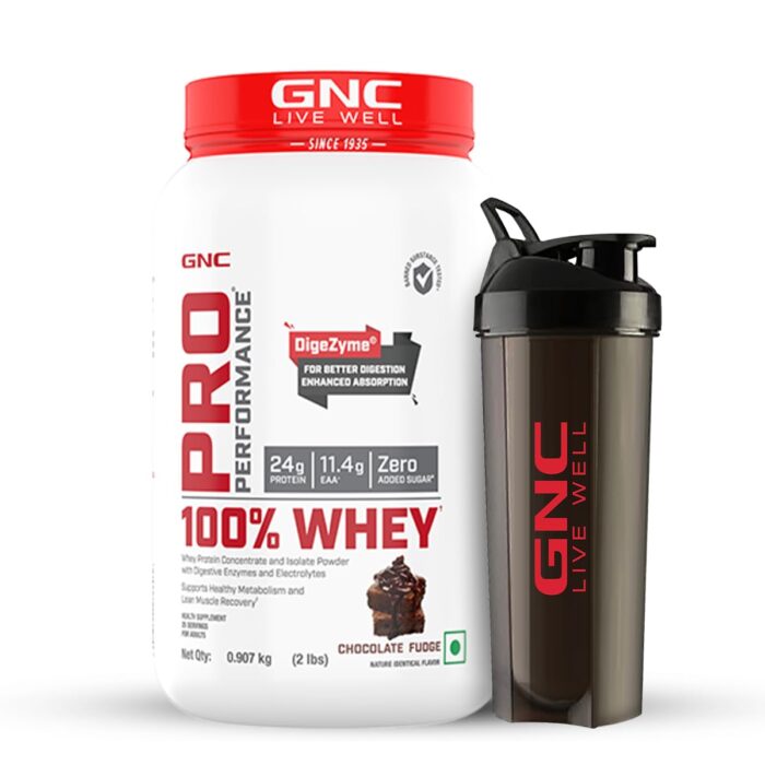 GNC 100% Whey Protein Powder & Black Shaker | Chocolate Fudge | 2 lbs | Speeds Up Muscle Recovery | Boosts Lean Muscle Growth | DigeZyme® For Easy Digestion