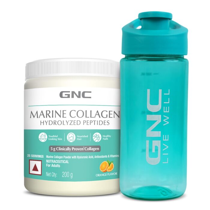 GNC Marine Collagen | 200 Gm with Blue Sipper | Type 1 & Type 3 Collagen | Hydrolyzed Peptides |Hyaluronic Acid|Biotin |Vitamin C &E |Grape Seed Extract |Rosemary Extract |For Radiant & Youthful Skin | Healthy Skin, Hair & Nails |Formulated In USA