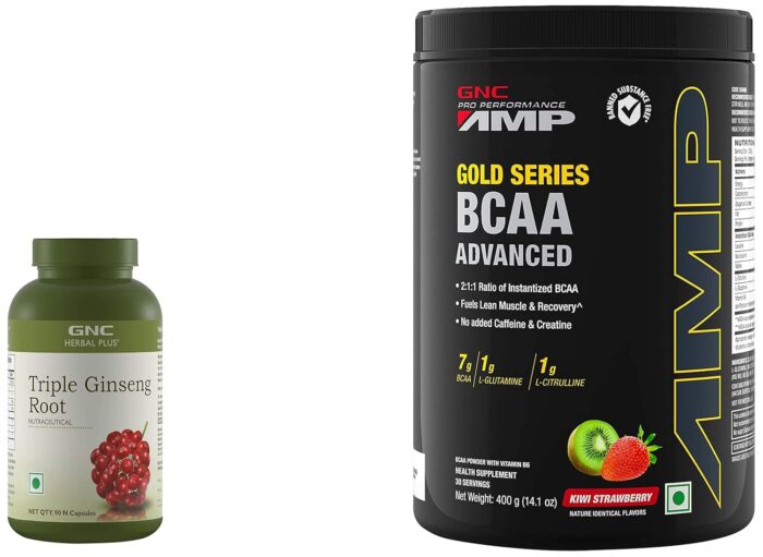 GNC Triple Ginseng Root - 90 Capsules & L-Citrulline, Glutamine Amp Gold Series BCAA Advanced Powder for Adults- 400 gm (Kiwi Strawberry)
