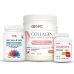 GNC Youthful Radiance Trio | Marine Collagen Powder (Orange 200 gm) | Women's Hair, Skin, and Nails (120 Tablets) + Glutathione (60 Capsules) | Reduces Fine Lines & Wrinkles | Reduces Pigmentation