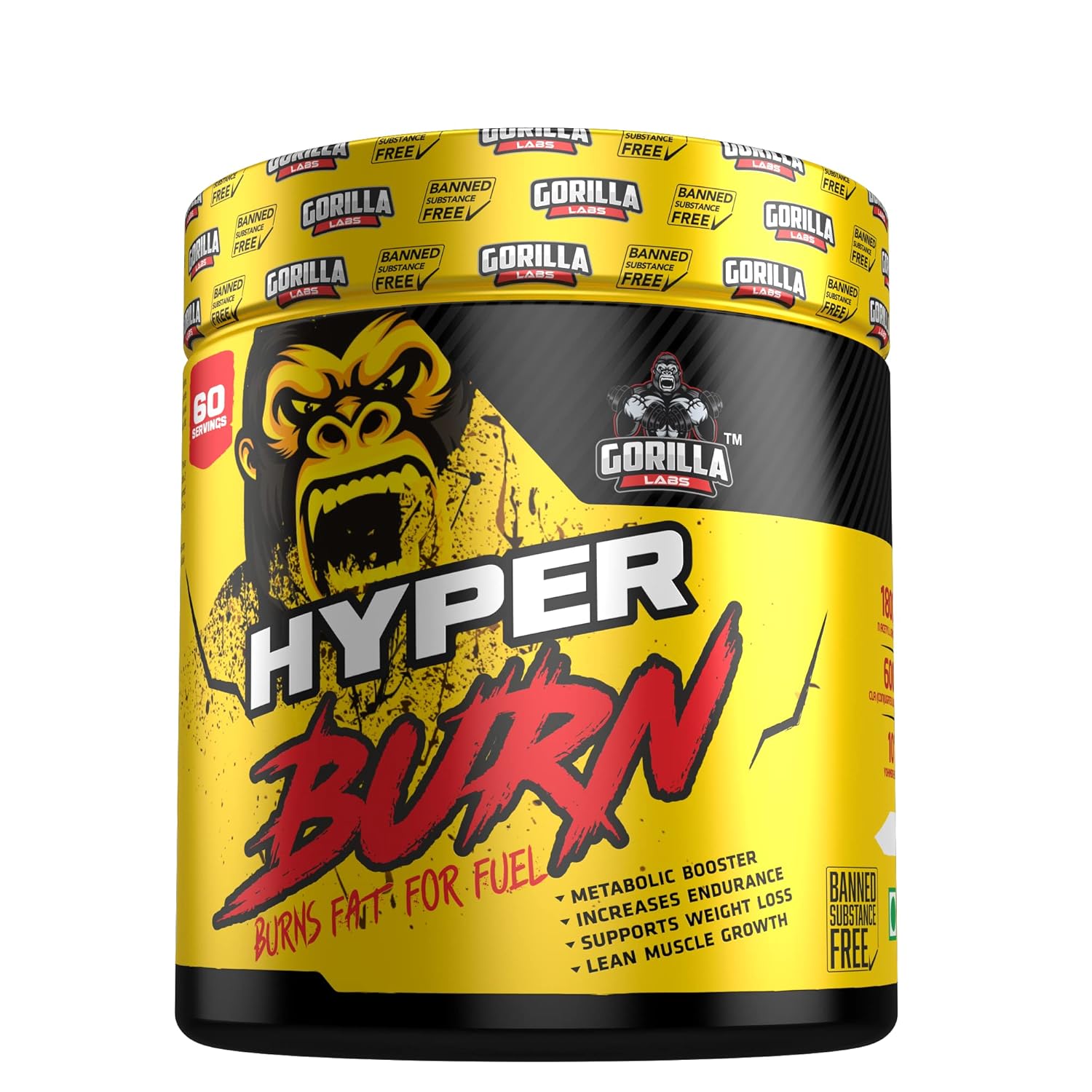 GORILLA HYPER BURN, 60 Servings per container Banned Substance Free Deitary Supplement Burns Fat for Fuel and increases endurance. (Orange)