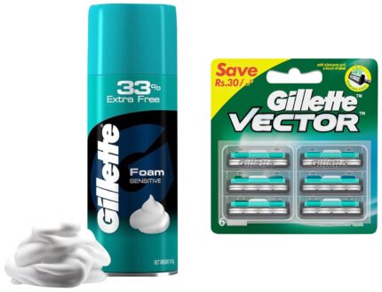 Gillette Classic Sensitive Shave Foam - 418 g (33% extra) & Gillette Vector Plus Manual Shaving Razor Blades (Cartridge) - 6s Pack
