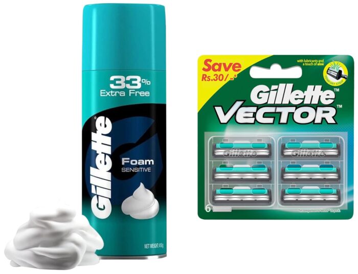 Gillette Classic Sensitive Shave Foam - 418 g (33% extra) & Gillette Vector Plus Manual Shaving Razor Blades (Cartridge) - 6s Pack