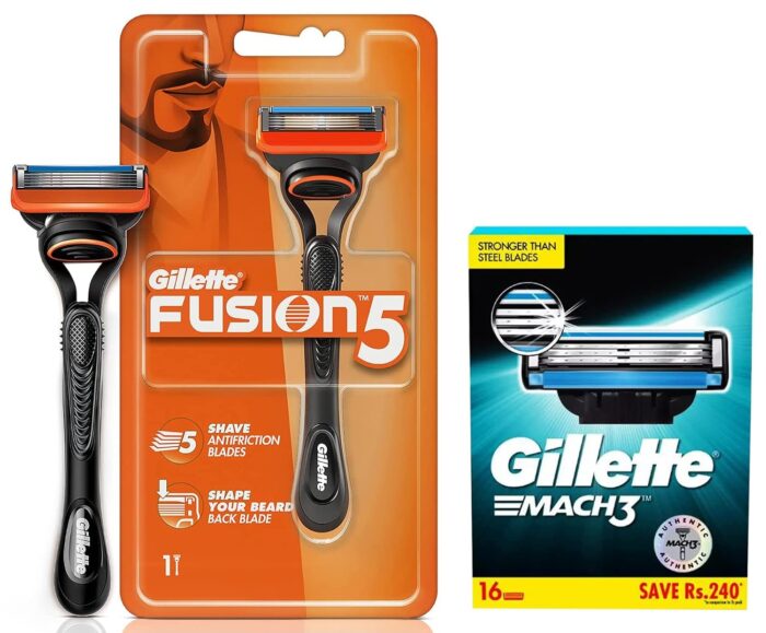 Gillette Fusion Manual Razor, 1 Pc & Mach 3 Shaving Blades- Pack of 16 (Cartridges), For Men
