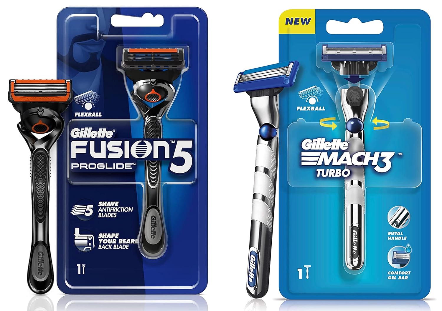 Gillette Fusion Proglide Razor for Men for Perfect Shave and Perfect Beard Shape & Gillette Mach3 Turbo Men’s Razor with Flexball Technology