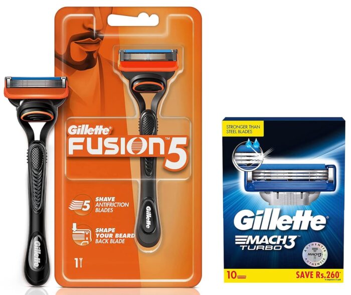 Gillette Mach Turbo 3 Shaving Blades- Pack of 10 (Cartridges) & Gillette Fusion Manual Razor for Men for Perfect Shave and Perfect Beard Shape