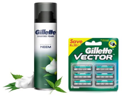 Gillette Pre Shave foam | Neem | 196 gm & Gillette Vector Plus Manual Shaving Razor Blades (Cartridge) - 6s Pack COMBO