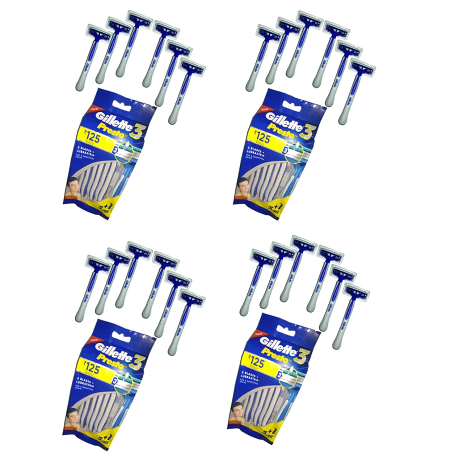 Gillette Razor Presto 3-Blades LubraStrip For smoother Shaving (6 In 1)- (Pack of 4) by Rmr JaiHind