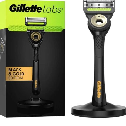 Gillettes Lab Men's Razor + 1 Razor Blade Refill, with Exfoliating Bar, Gift for Men, Includes Premium Magnetic Stand, Black & Gold Edition, (IMPORTED-UK)