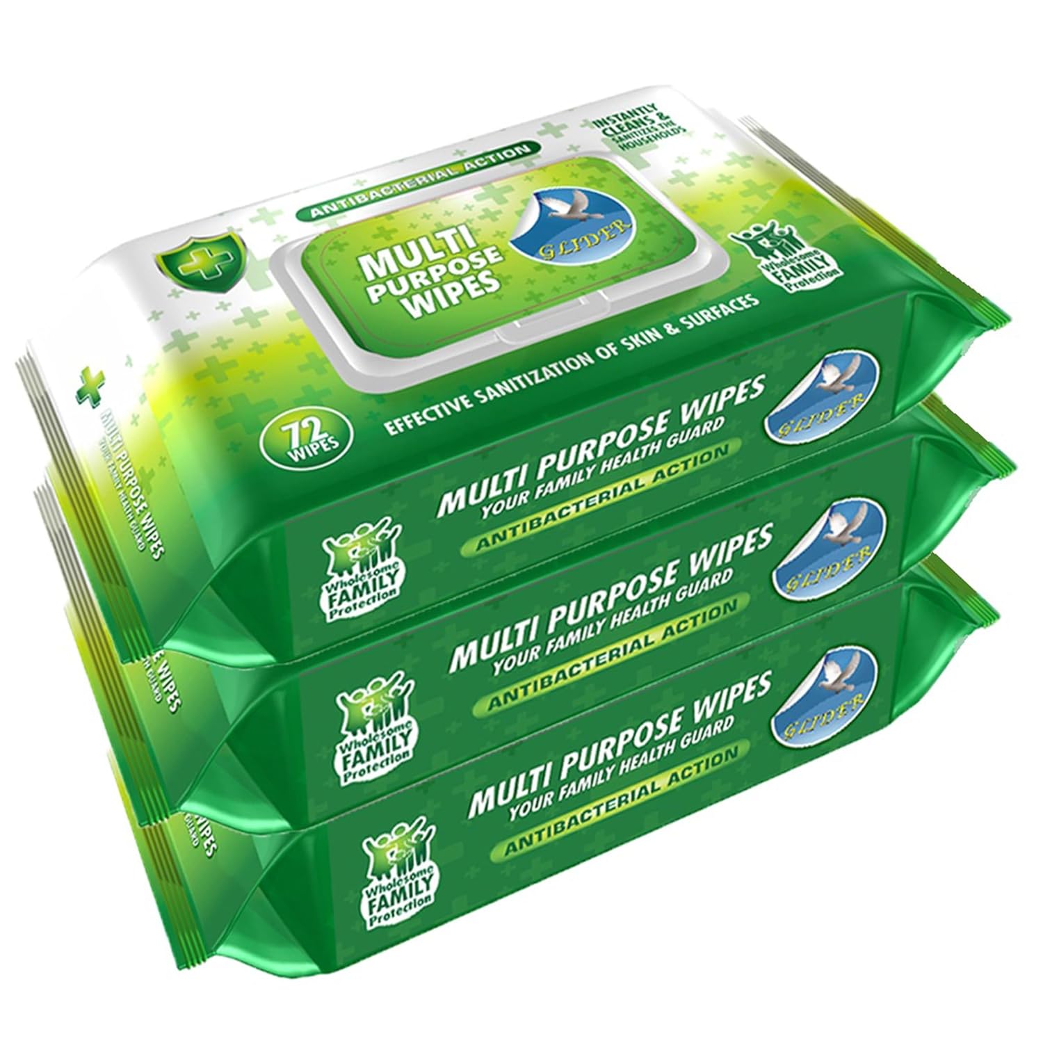 Glider Multipurpose Skin and Surface Wipes with Flip-Top | Gentle & Effective Cleaning for Hands & Surfaces | (Pack of 3 – 216 Wipes)