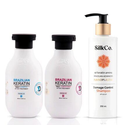 Global Amazon Secrets Brazilian Keratin Shampoo and Conditioner 500ml + SilkCo Nanoplastia Damage Control Shampoo 250 ml | Reduces HAIRFALL 3X |2X Smoother, 4X Shinier| Sulfate-Free (Pack of 3)