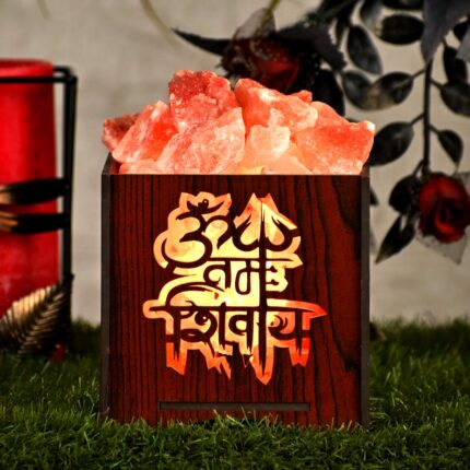 Global Aroma Om Namah Shivay Himalayan Rock Salt Lamp for Positive Energy, Vastu, Healing, Harmony, Purification, Best Wellness Gifting Option Salt Lamp Table Lamp (5 X 5,Inch Brown)