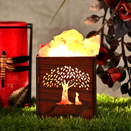 Global Aroma Wooden Basket Himalayan Rock Salt Lamp for Positive Energy, Vastu, Healing, Harmony, Purification, Best Wellness, Brown