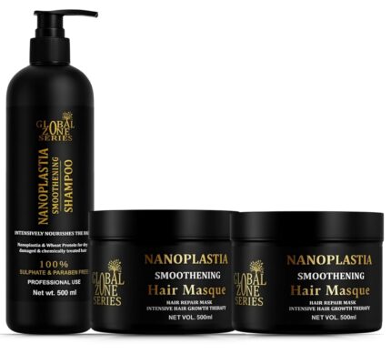Global zone series Nanoplastia Smoothing Shampoo and hair mask 500ml each Sulfate & Paraben Free, with Nanoplastia & Wheat Protein for Dry, Damaged & Chemically Treated Hairs (2 Mask-1 shampoo)