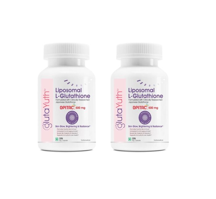 GlutaYuth Liposomal OPITAC JAPANESE L-Glutathione 500 mg with Phosphatidylcholine Phospholipid Technology Youthful Skin, Glow, Radiance Complex (30 Veg Capsules) (Pack of 2)