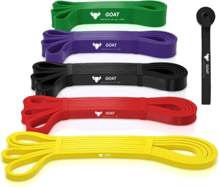Goat Resistance Bands for Workout for Men and Women | Assist Bands for Pull Ups, Stretching, Weight Loss | Exercise Band for Home Gym Fitness Anti Snap Natural Latex (Set of 5 + Door Anchor)