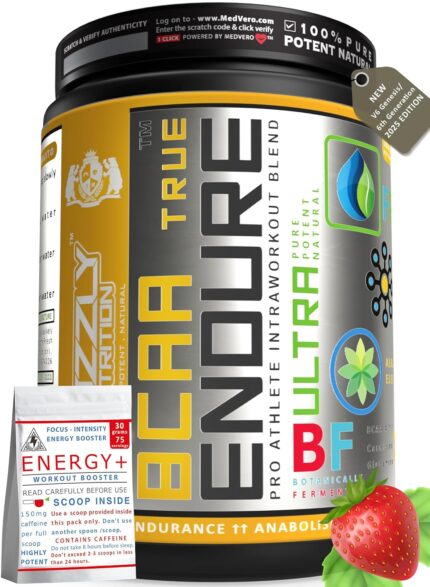 Grizzly Nutrition True Endure -Bcaa 4:1:1 Pro Ratio (v6 genesis/6th gen2025) 300 grams upto 60 servings, 12+ vitality boosters, Energy+ prebooster 75 servings - Platinum grade (Spanish Strawberry)