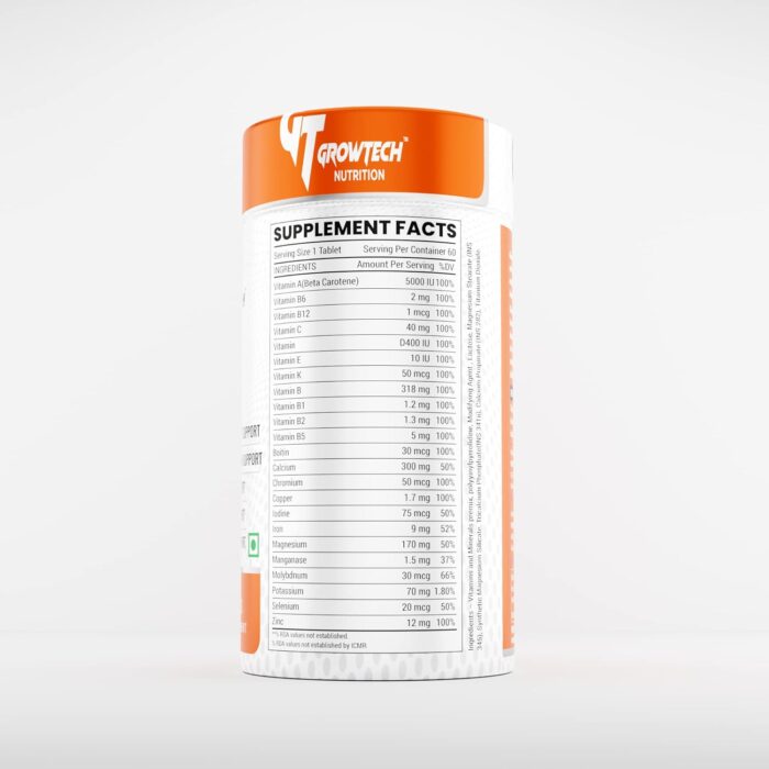 Growtech Nutrition Multivitamin, 60 Tablets, with Zinc, Vitamin C, Vitamin D3 For Joints, Bones, Immunity, & Meatabolism | Contains 23 essential vitamins & minerals