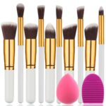 Gugzy® Professional Cosmetic Makeup Brush Kit Soft Synthetic Kabuki Face Foundation Blending Blush Eyeshadow Blush Concealer Powder Brush Kit with Blender Sponge and makeup Clean Tools (White Gold)