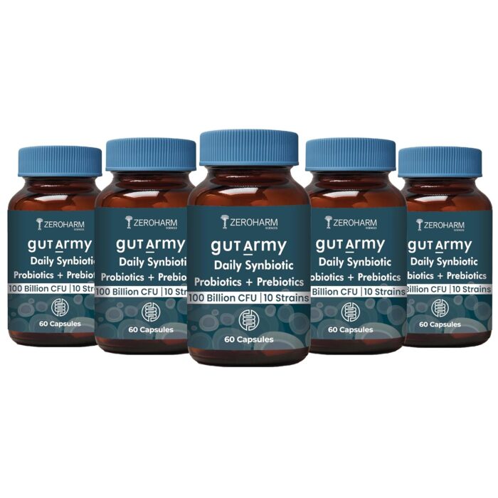 Gut Army Prebiotics & Probiotics - 10 Unique Strains Blend -100 Billion CFU - With Inulin & Probiotics Blend - Supports Gut Digestion Health & Bowel Movement - 60 Capsules By ZEROHARM - 5 Pack