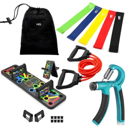 HOMEGALLEY 4 in 1 Fitness Combo of Pushup Board, Adjustable Hand Grip, Resistance Tube and Loop Band Set with A Carry Bag Push Up Stand, Gym Equipment for Men and Women, Excersing Equipment.