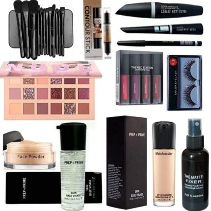 HUDA BB HD Waterproof Makeup Kit Combo For Women & Girls (Set of 15) Eyeshadow Pallet, Makeup Brush set of 12, Kajal, 3in1, Eyelashes, Red edition, Foundation, Primer, Loose Powder, Makeup Fixer