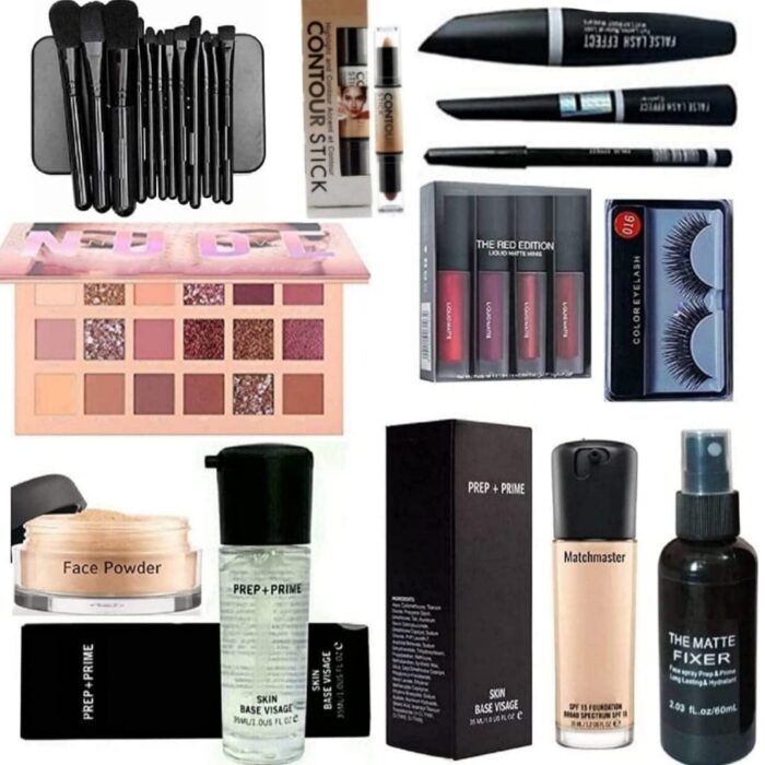 HUDA BB HD Waterproof Makeup Kit Combo For Women & Girls (Set of 15) Eyeshadow Pallet, Makeup Brush set of 12, Kajal, 3in1, Eyelashes, Red edition, Foundation, Primer, Loose Powder, Makeup Fixer