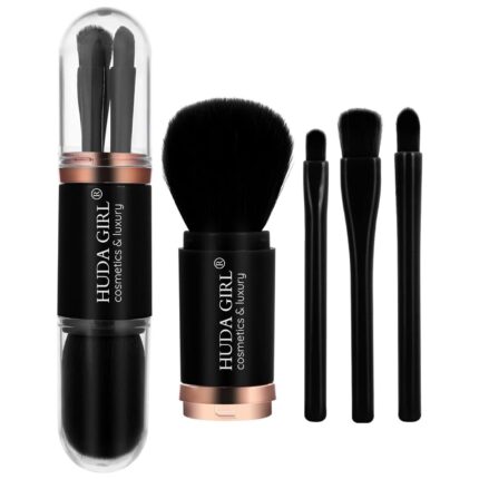 HUDA GIRL 4 in 1 Retractable Makeup Brush Set Portable Travel Mini Facial Cosmetic Brush, Highlight Brush, Eyeshadow Brush, Foundation Blending Powder Brush (Black)