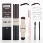 HUDA GIRL Dual Color 2in1 Hairline Powder & Eyebrow Filler for Women, Instant Hair Touch Up & Eyebrow Shaper Kit including Brow Stick Black & Brown with Razor, 2pcs Brush & 3 Brow Stencils